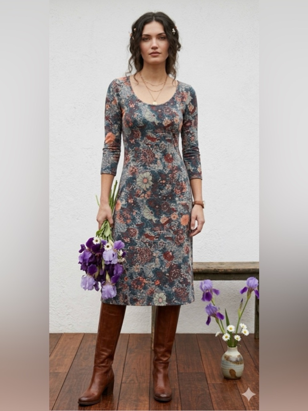 Peruvian Connection Intaglio Teal Dark Floral Jersey Midi Dress XS